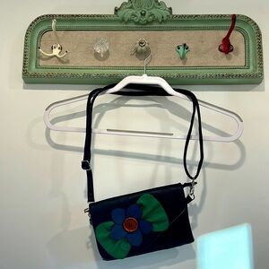 SAX crossbody black flower appliqué purse adjustable /removable strap